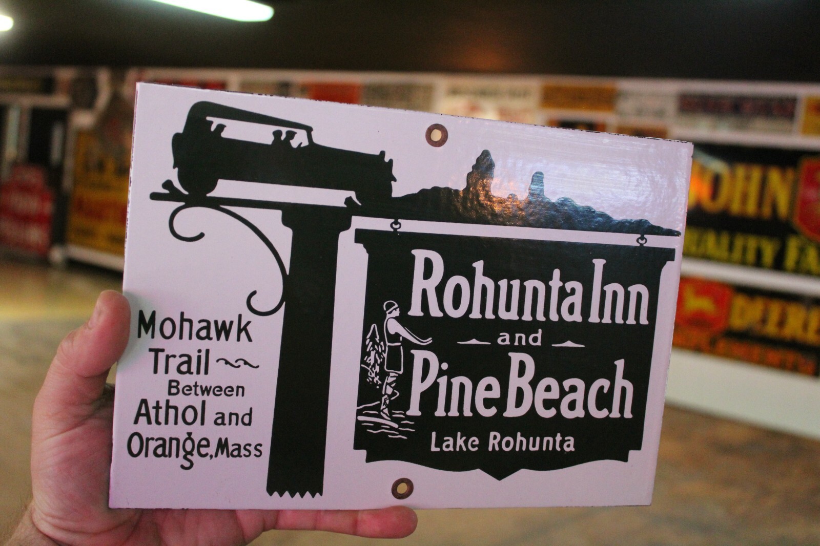 MOHAWK TRAIL PINE BEACH ROHUNTA INN PORCELAIN METAL SIGN MASS GAS OIL CAMPING 66