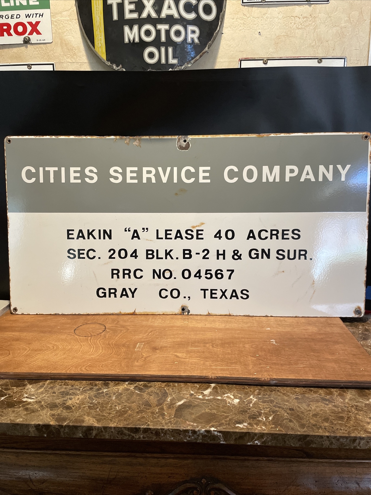 ORIGINAL “CITIES SERVICE COMPANY” 18X36 INCH OIL LEASE PORCELAIN SIGN,