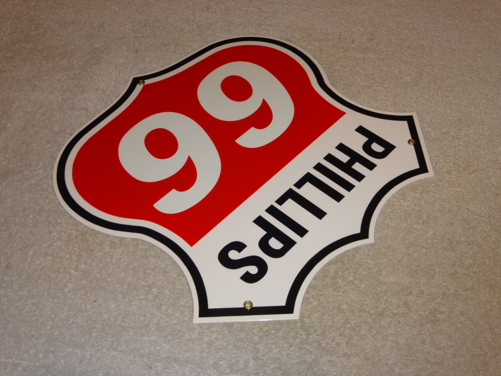 VINTAGE PHILLIPS 66 RED BLACK WHITE 12″ PORCELAIN METAL SHIELD GASOLINE OIL SIGN