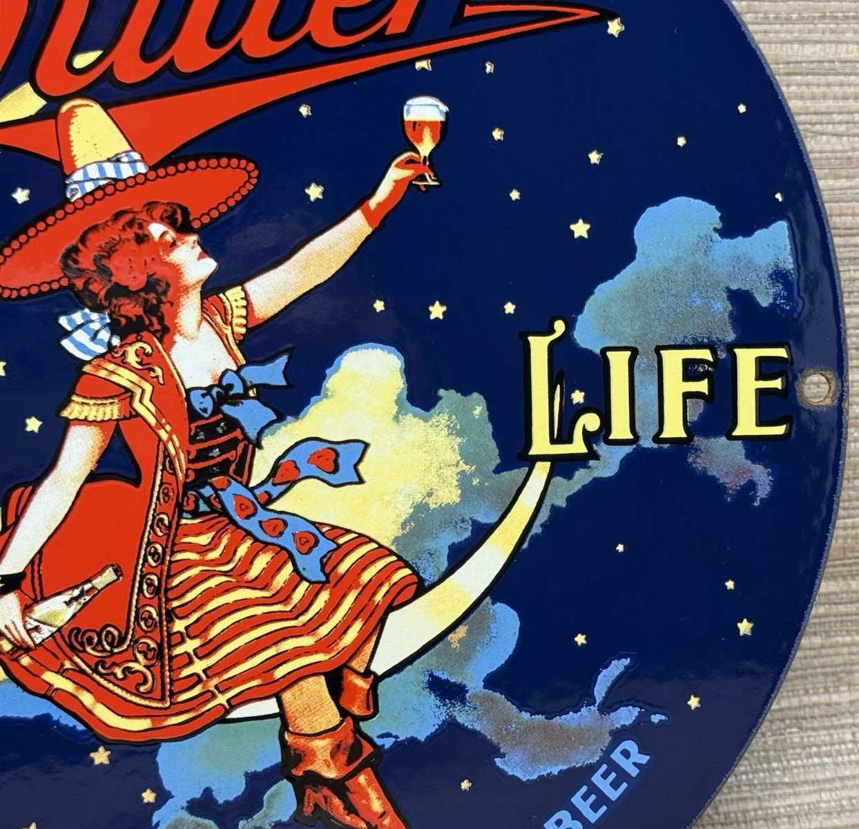 VINTAGE MILLR HIGH LIFE BEER PORCELAIN SIGN GAS STATION OIL LIQUOR STORE BOTTLE