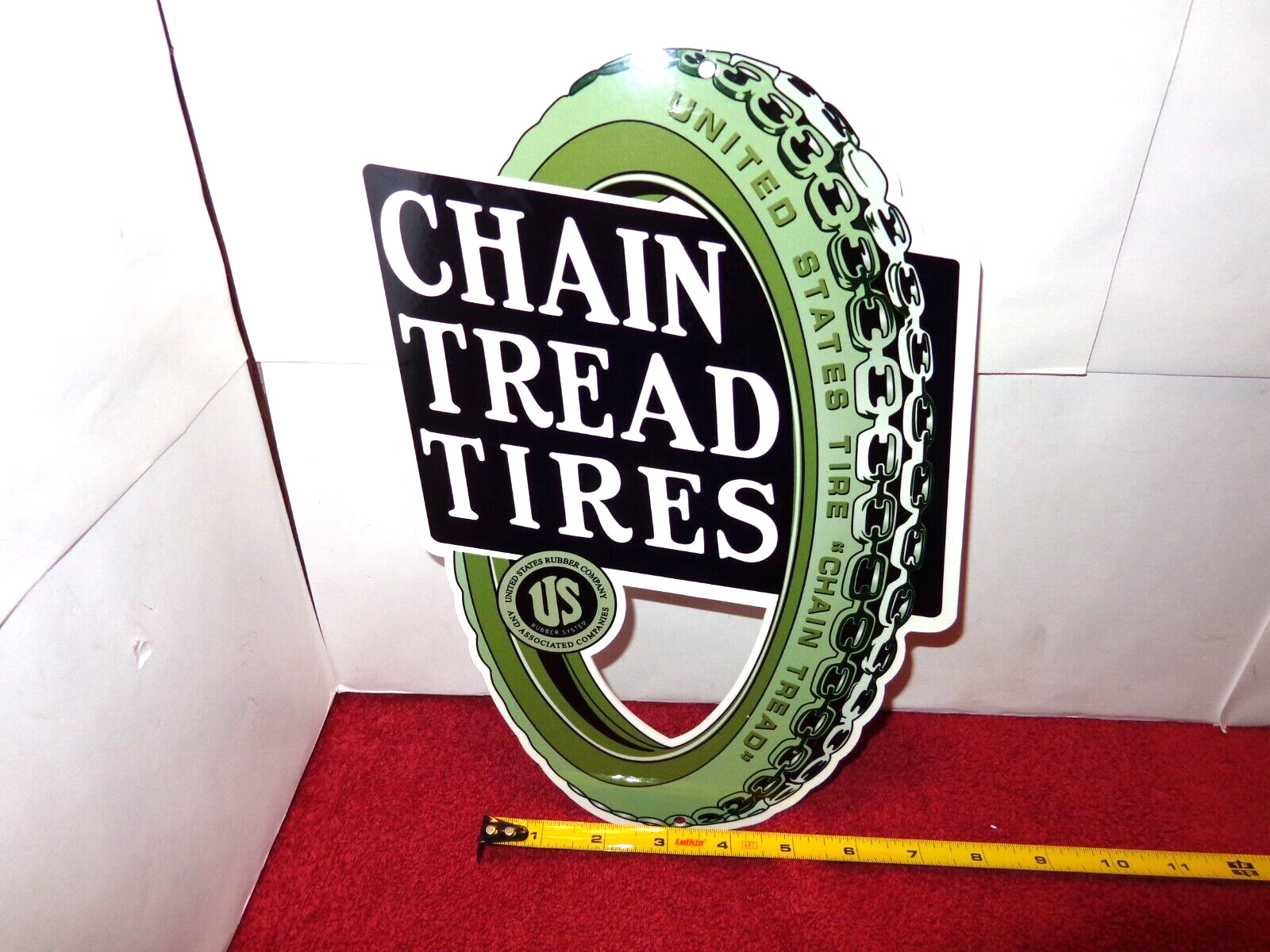 8×12 in CHAIN TREAD TIRES US RUBBER ADVERTISING SIGN HEAVY DIE CUT METAL – S 45A