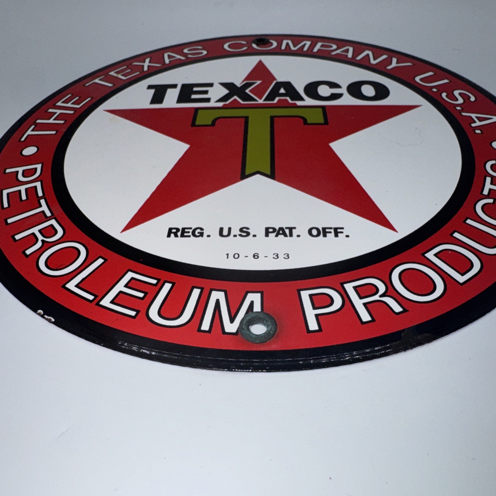 VINTAGE TEXACO GASOLINE / MOTOR OIL PORCELAIN GAS PUMP SIGN 9”