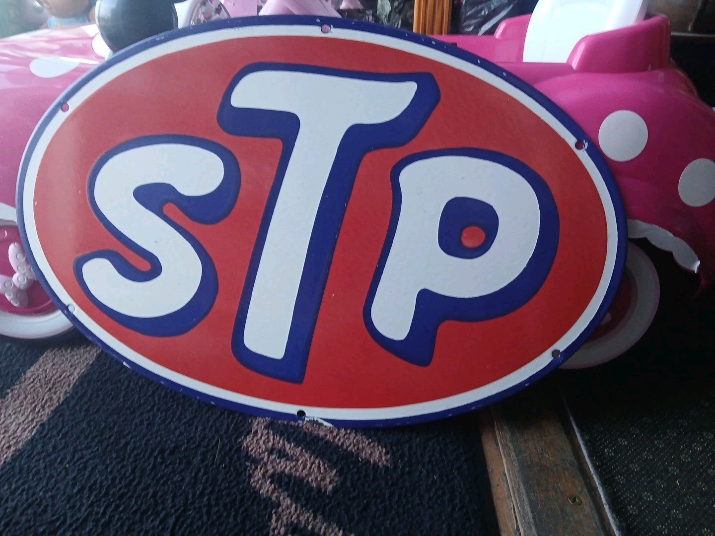 Large Vintage STP 2FT Porcelain Metal Oval Sign – Gas Pump Automotive Sign