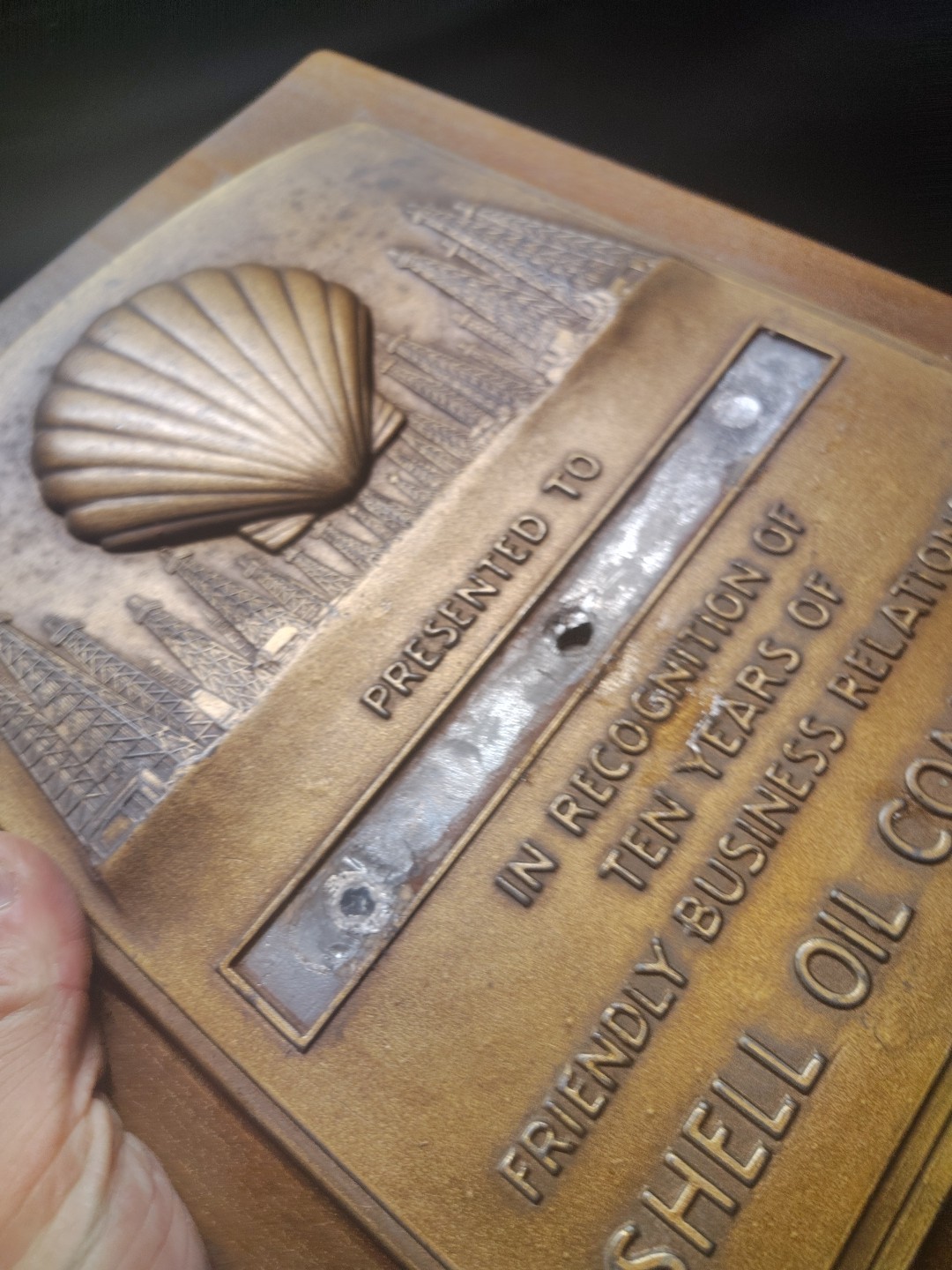Vintage Shell Gasoline Dealer Award Brass Plaque No Name Badge