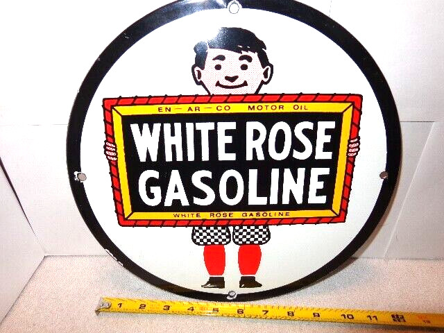 11 3/4 WHITE ROSE GASOLINE & MOTOR OIL ADV. SIGN DIE CUT METAL PORCELAIN – S 275
