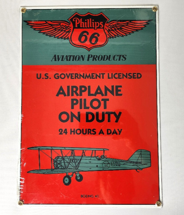 Vintage Ande Rooney Phillips Enamel Sign 66 Airplane Pilot on Duty Boeing 40 NEW