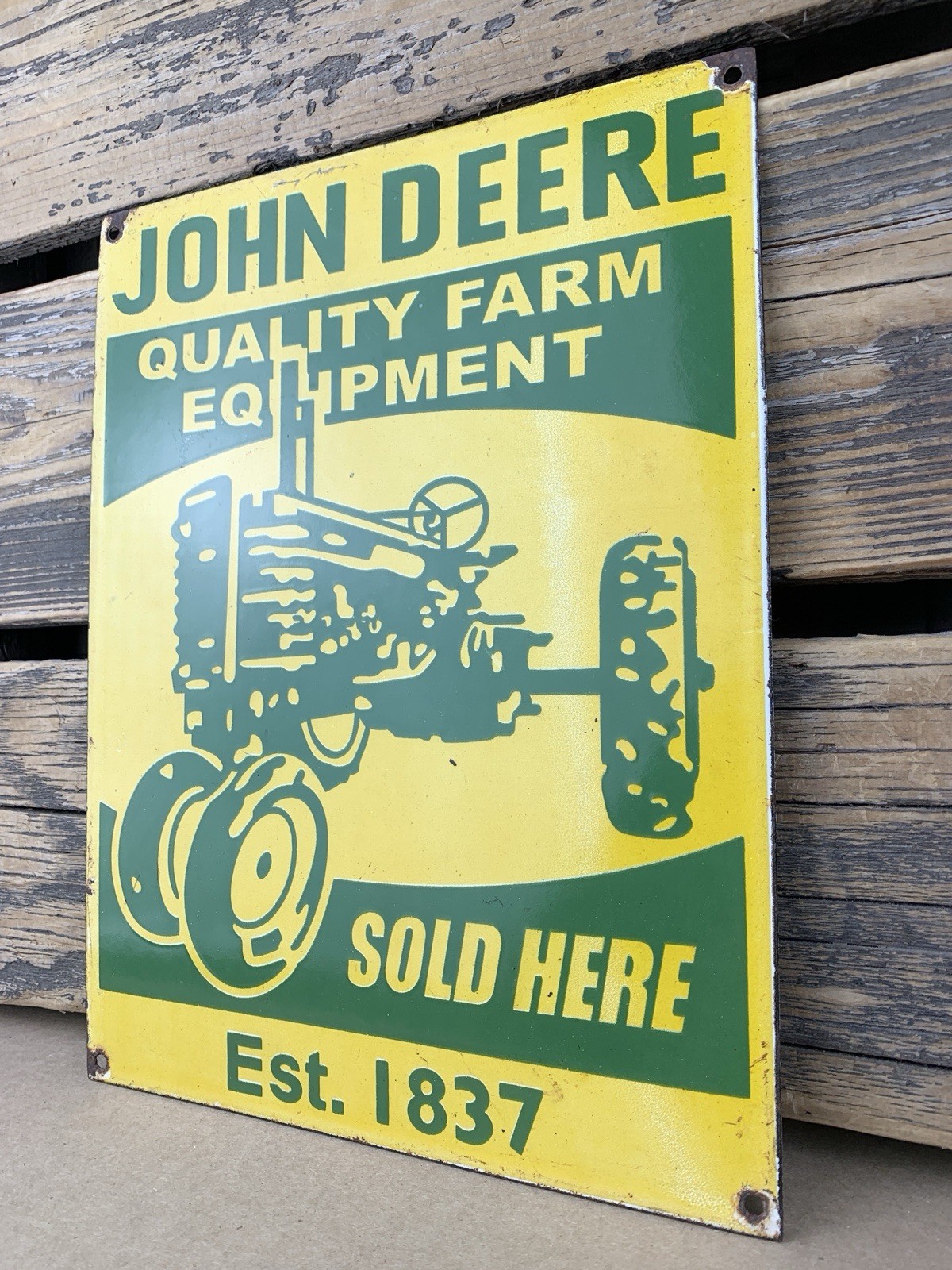 VINTAGE 12×9″ JOHN DEERE FARM EQUIPMENT PUMP STATION PORCELAIN GAS OIL SIGN
