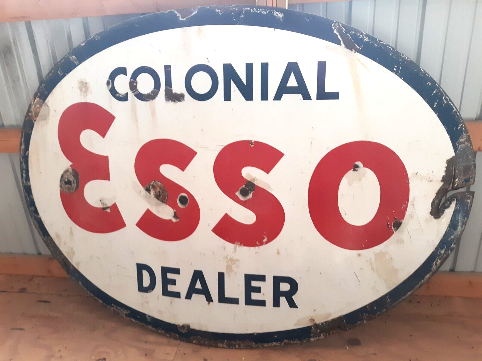 VINTAGE LARGE COLONIAL ESSO DEALER PORCELAIN GAS PUMP OIL SIGN 8′ x 5′