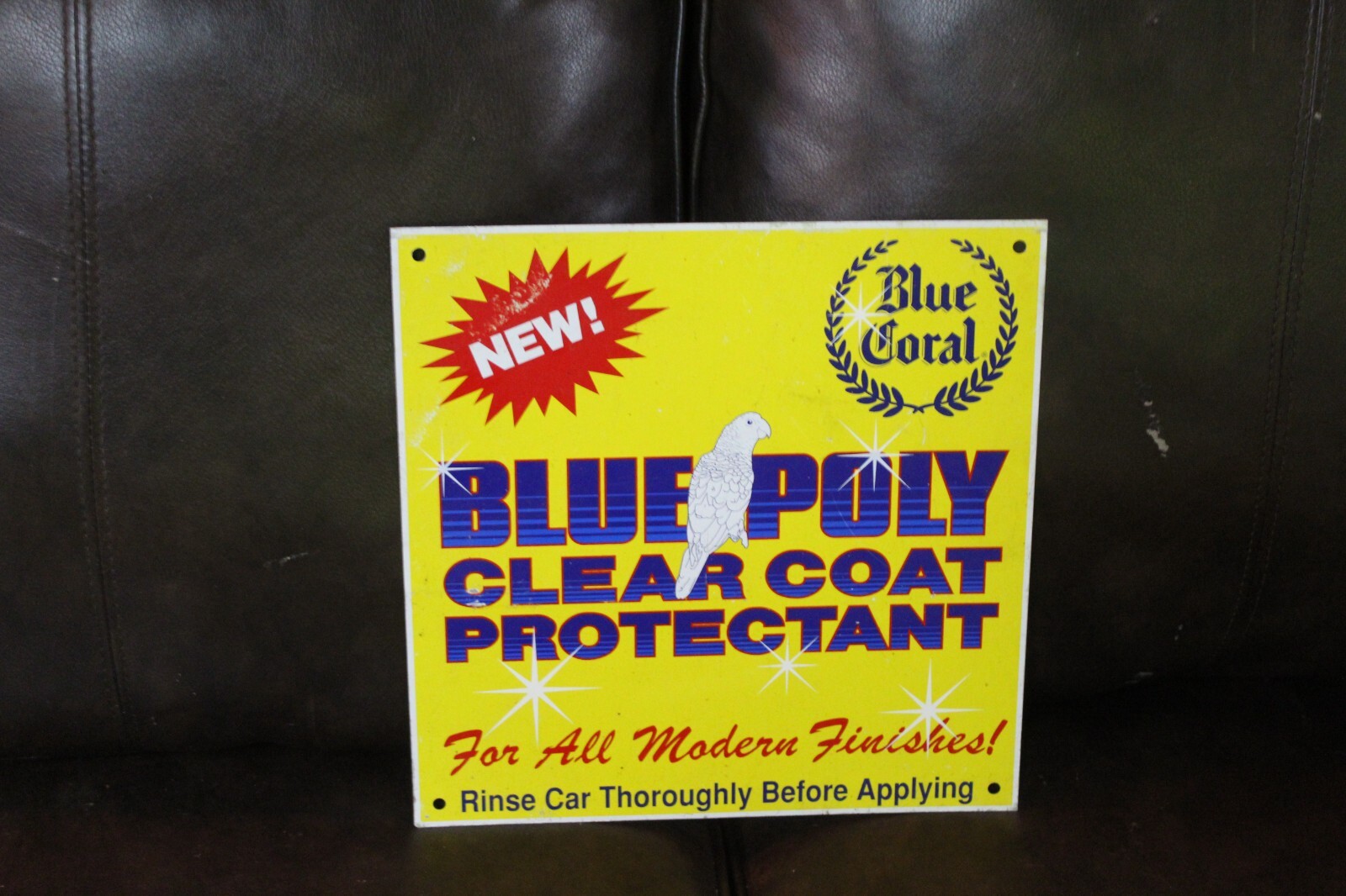 RARE VINTAGE BLUE CORAL BLUE POLY CLEAR COAT PROTECTANT PAINTED TIN TACKER SIGN