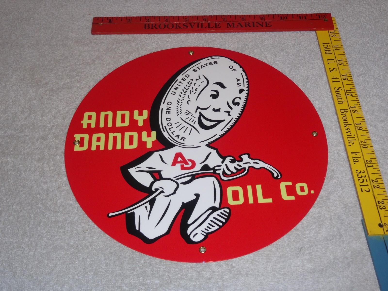 VINTAGE ANDY DANDY OIL COMPANY DOLLAR GUY 11 3/4″ PORCELAIN METAL GASOLINE SIGN!