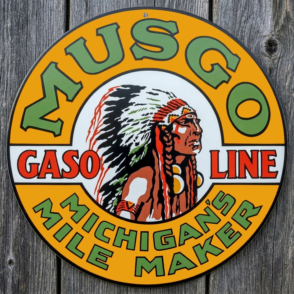 Musgo Gasoline 8″ Diameter Novelty Metal Sign Made In USA New!