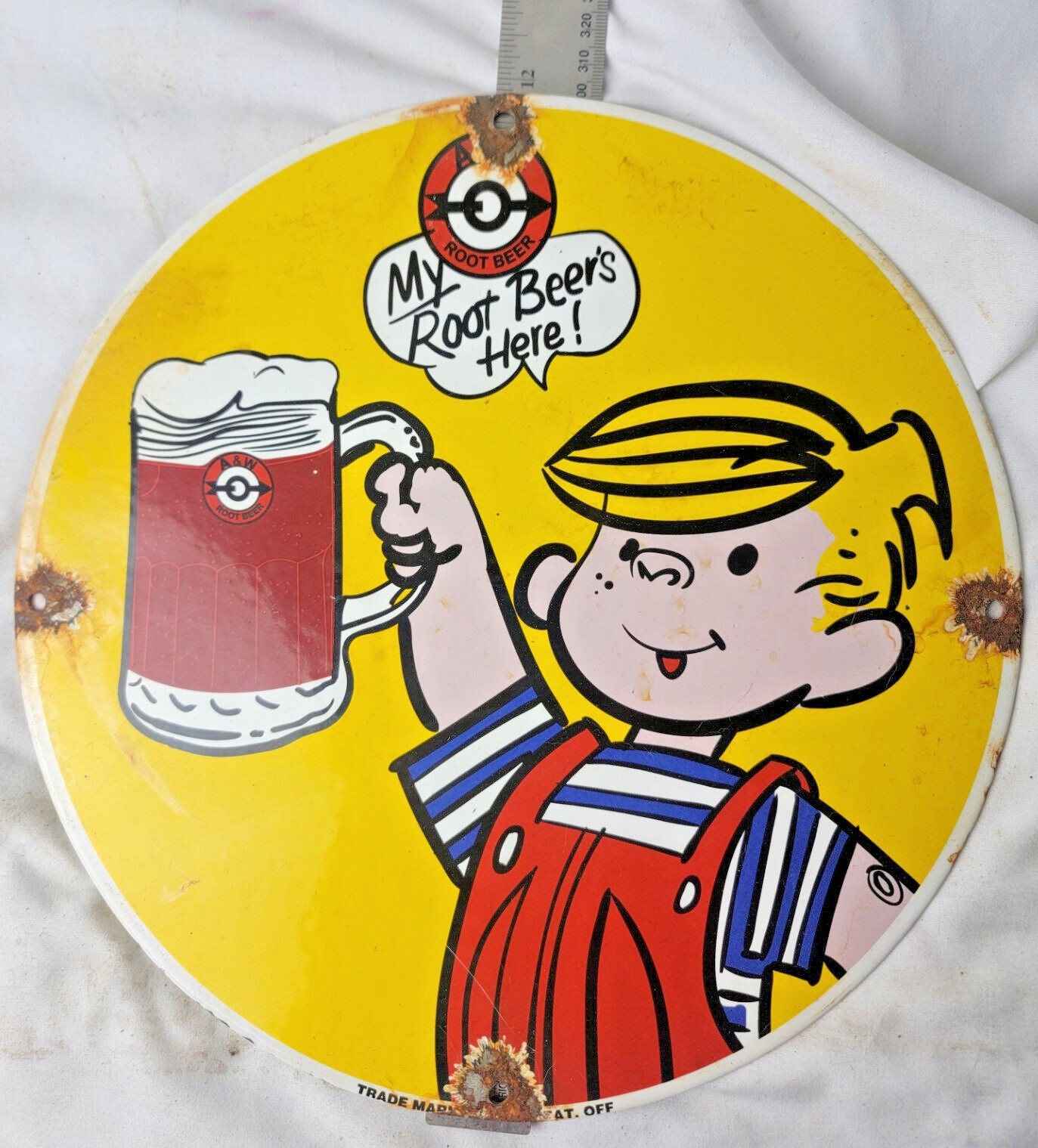 VINTAGE DENNIS THE MENACE PORCELAIN SIGN PUMP PLATE GAS STATION OIL SERVICE Lube
