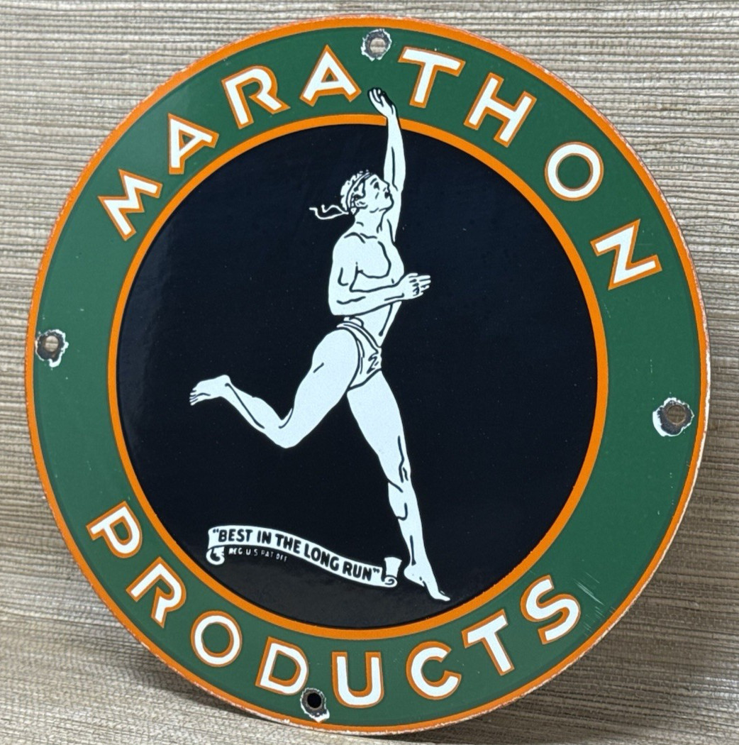 VINTAGE MARATHON GASOLINE PORCELAIN SIGN STORE GAS STATION MOTOR OIL PUMP