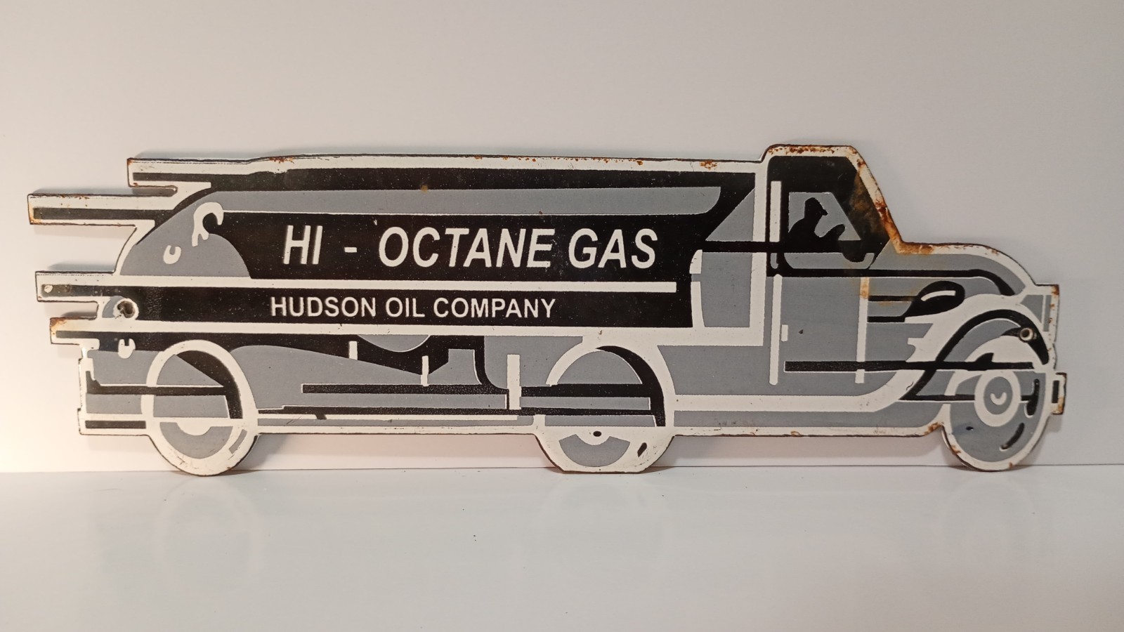 Vintage Hudson Hi-Octane Gas Truck Porcelain Enamel Sign 12″ x 4″ Inches