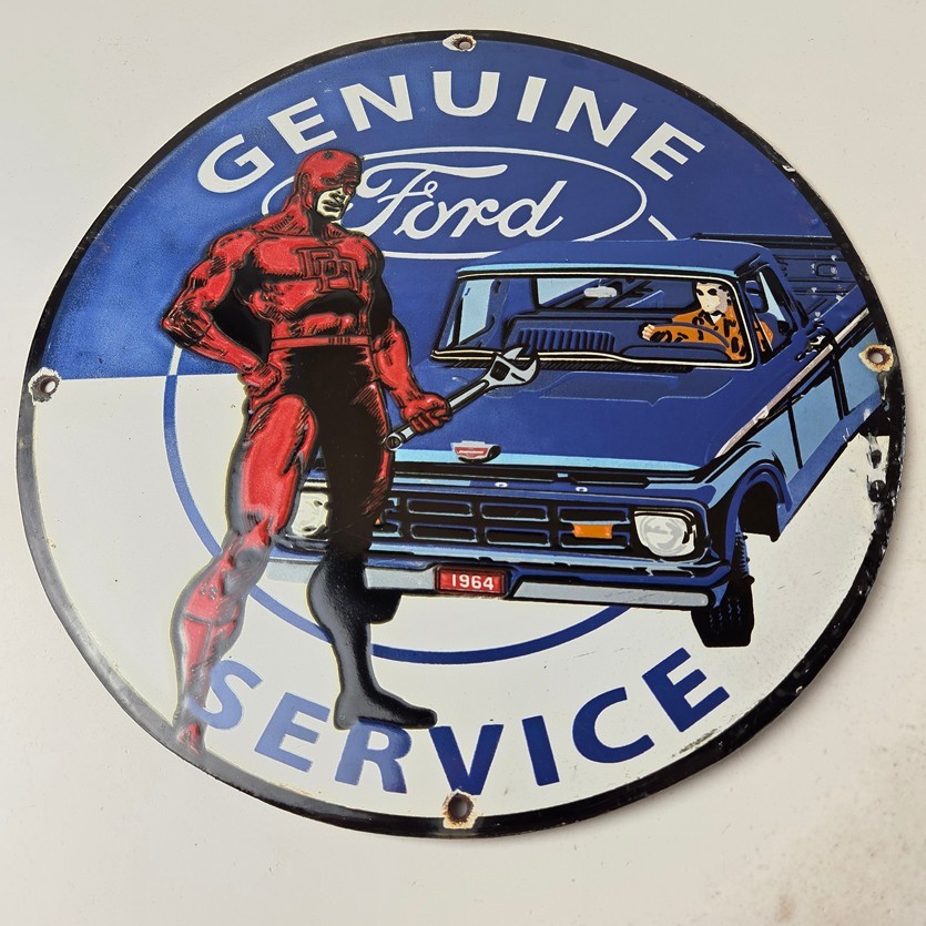 Vintage Ford Sign – Marvel Comic Dare Devil Auto Truck Porcelain Gas Pump Sign