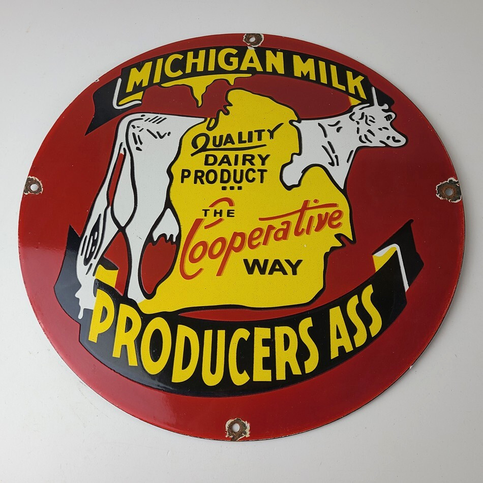 Vintage Michigan Milk Sign – Dairy Cow Porcelain Diner Gas Pump Sign