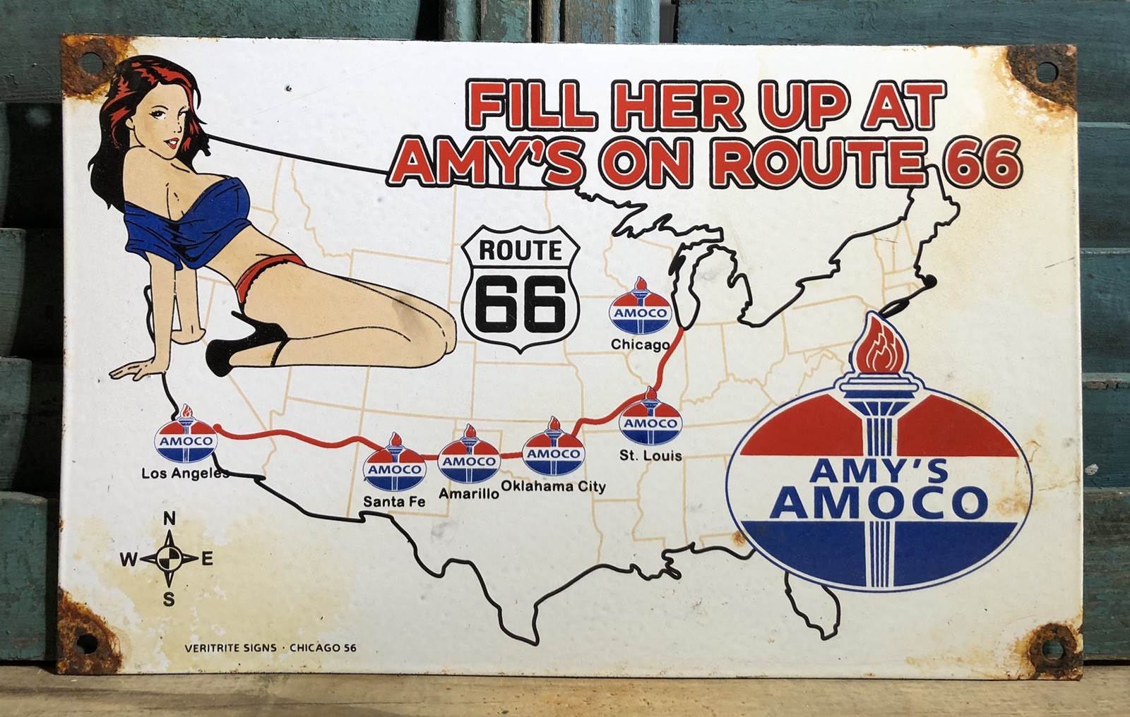 Vintage 1956 Dated Amy’s Amoco 12” Porcelain Route 66 Sign Gas Oil