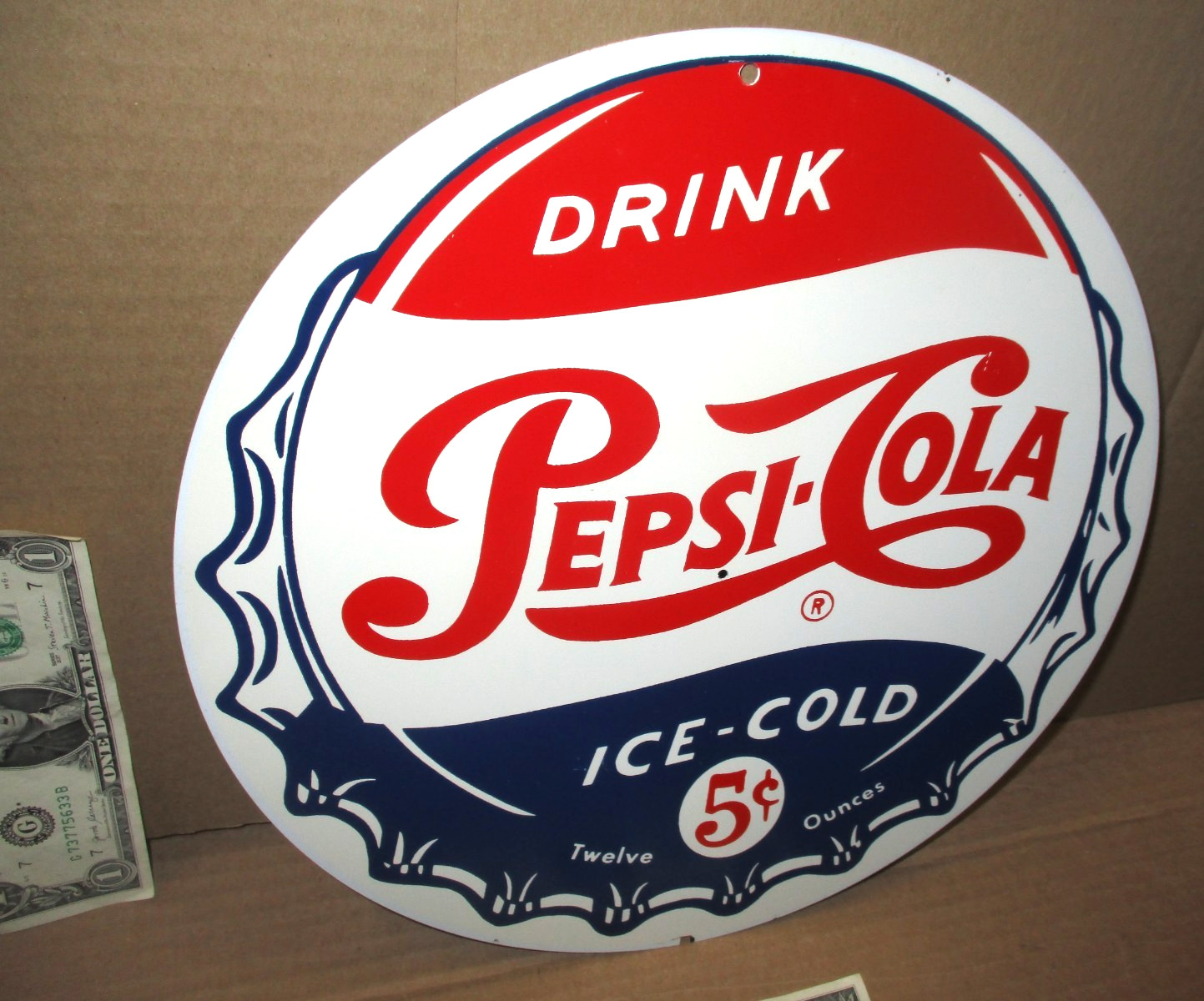 PEPSI-COLA – Twelve Ounces – 5c — Round Tin 12″ PEPSI SIGN – Red & White & Blue