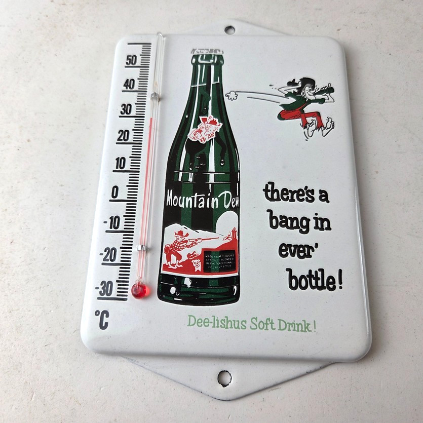 Vintage Mountain Dew Porcelain Sign – Soda Gas Pump Ad Thermometer Sign