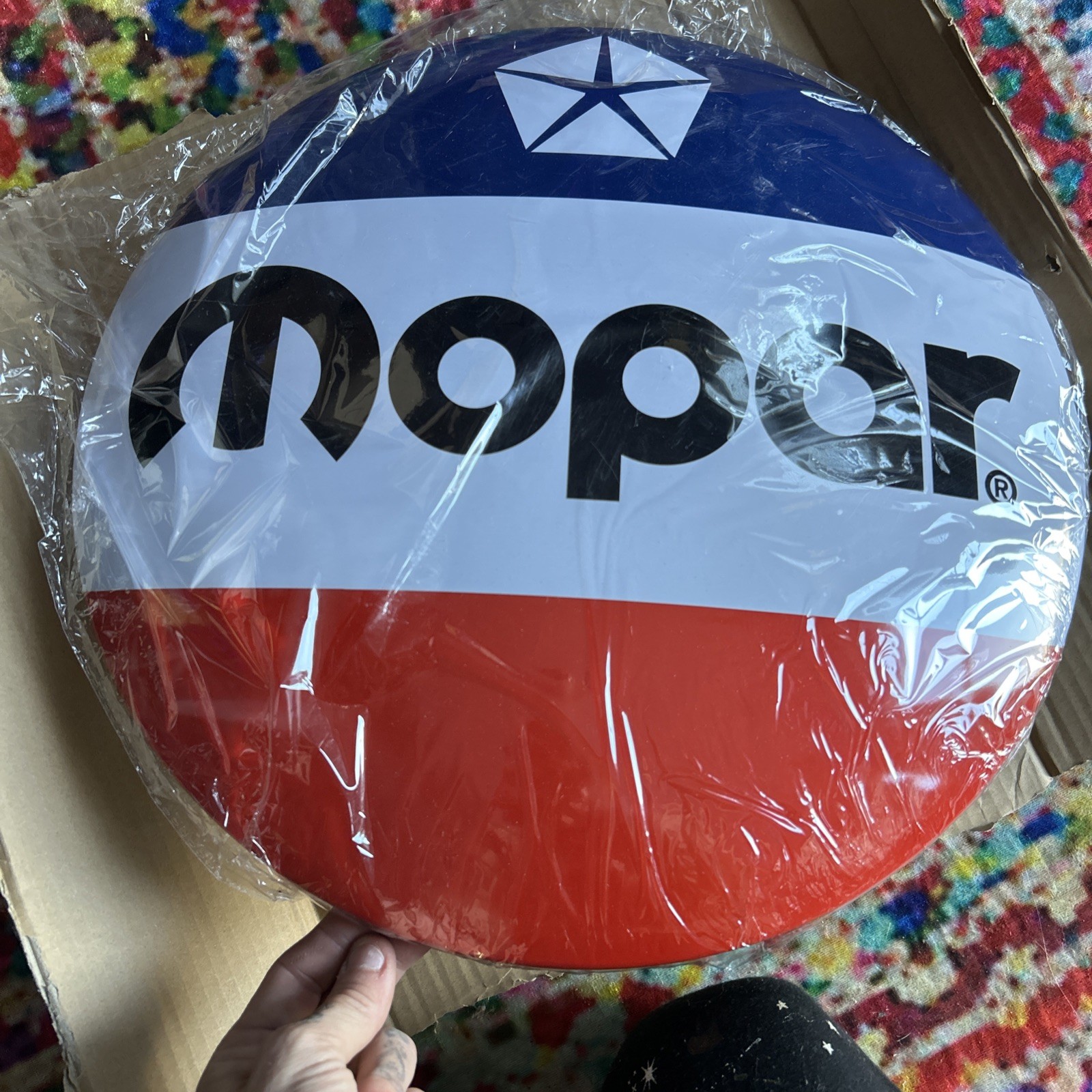 Mopar Circular Red White and Blue Metal Sign 12×8