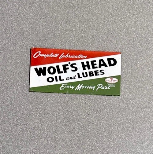 VINTAGE WOLFS HEAD GASOLINE PORCELAIN SIGN CAR GAS MOTORCYCLE OIL