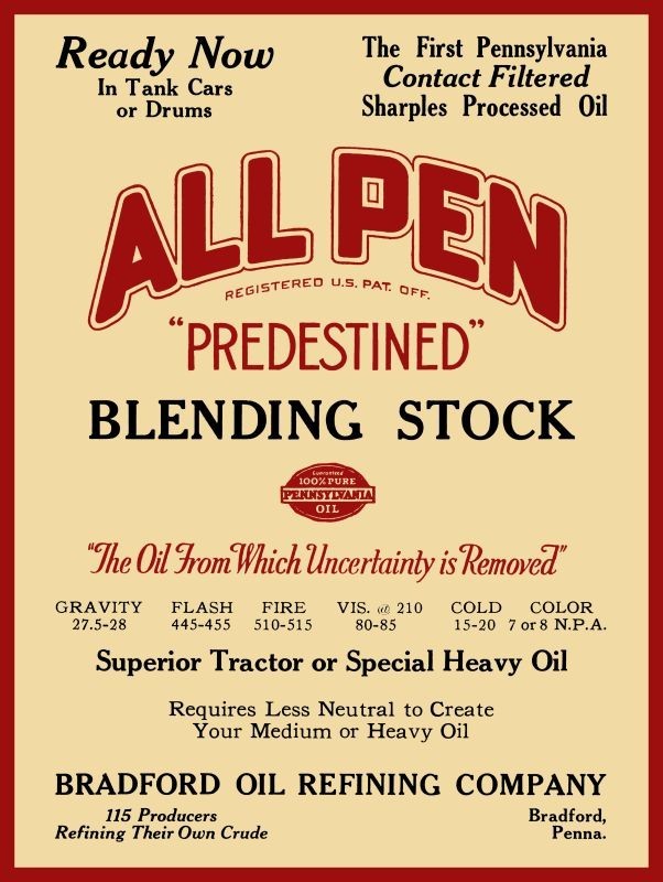 1927 Bradford Oil Refining All Pen Motor Oil NEW Metal Sign: 12×16″ Pennsylvania
