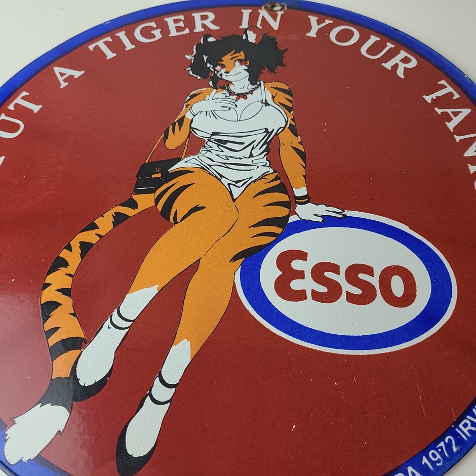 Vintage Esso Gasoline Porcelain Tiger – Gas Service Station Auto Tank Sign