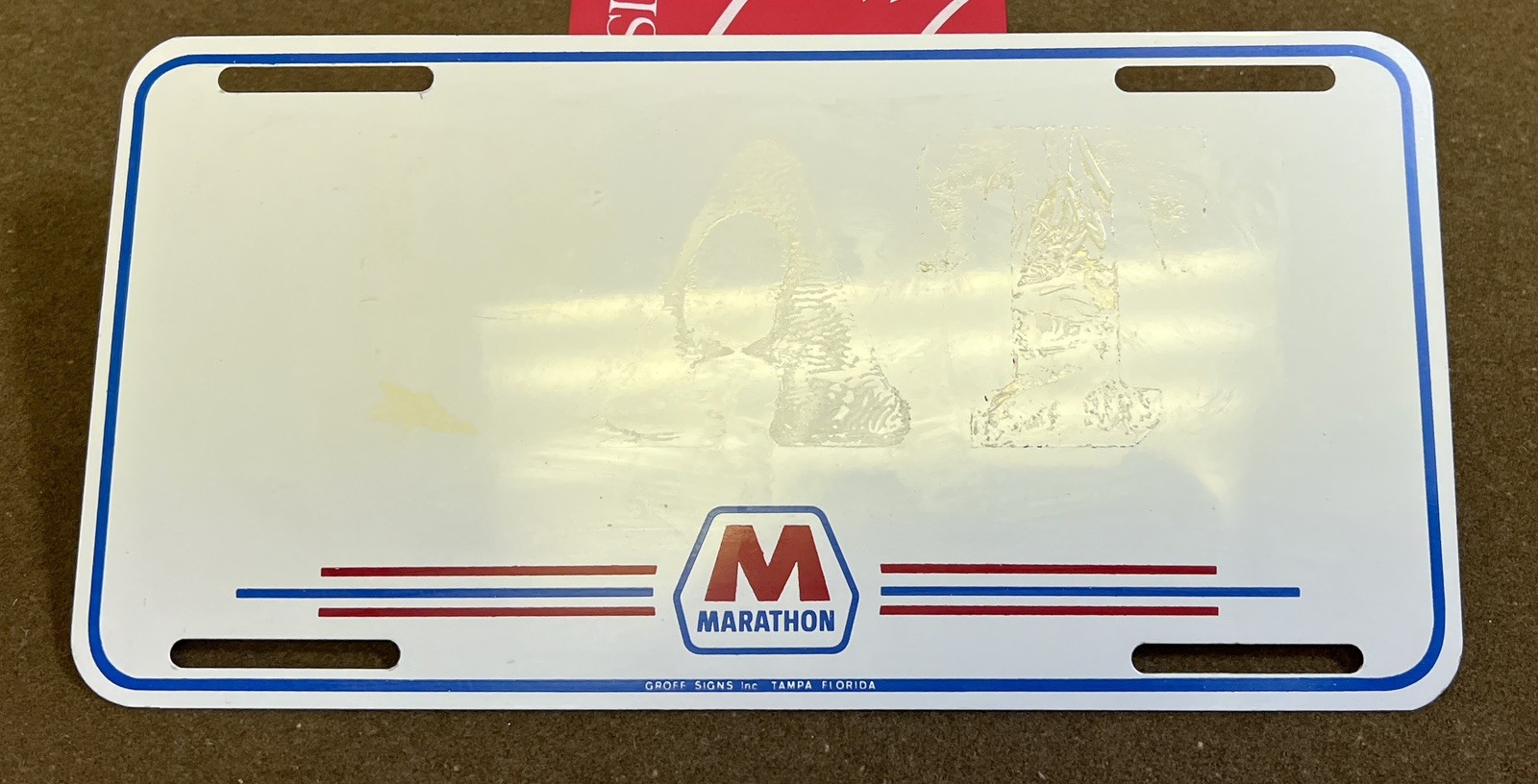 1970s Marathon Gas Oil Sign Booster License Plate Groff Signs Tampa
