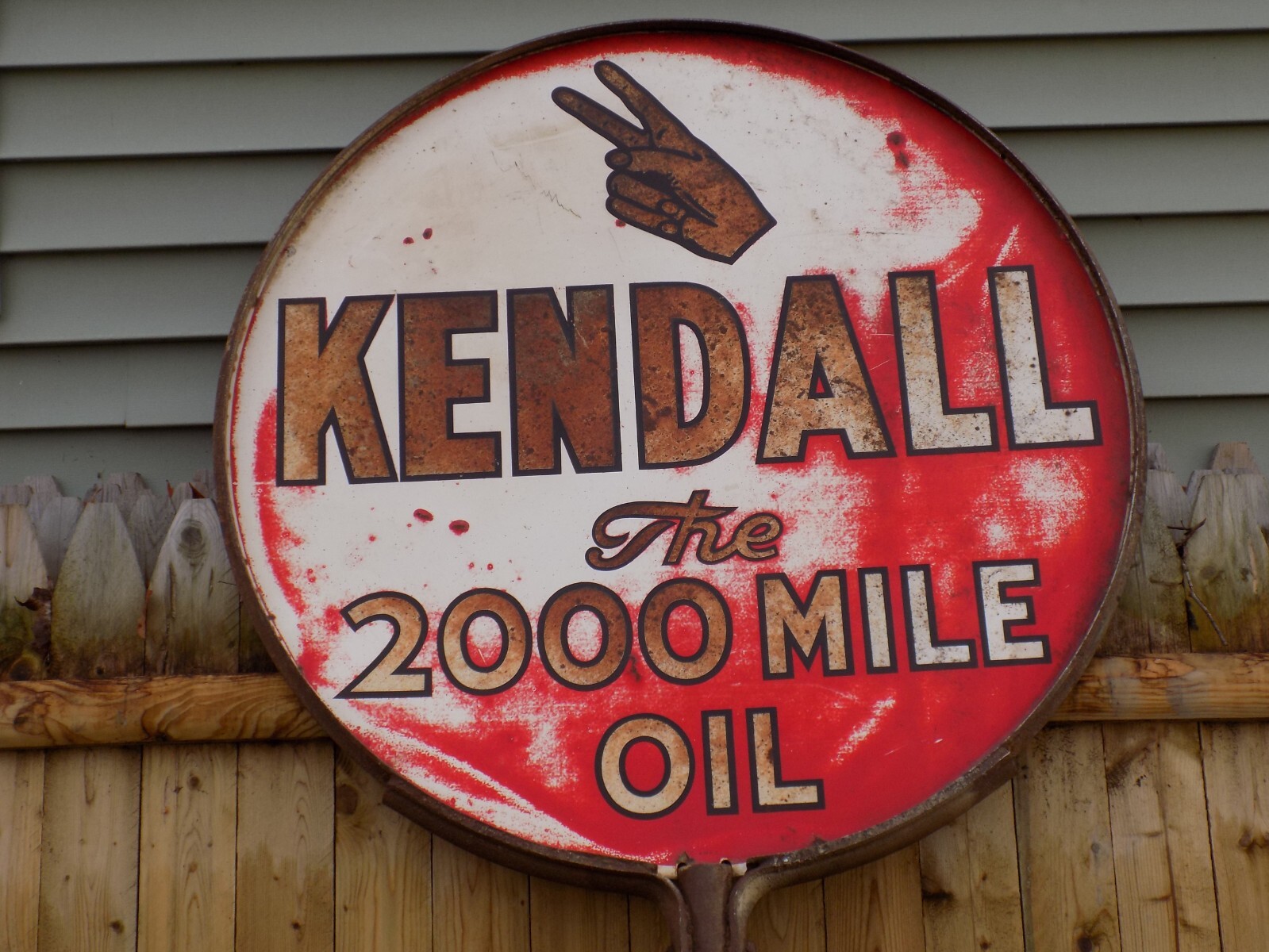 Vintage 1952 Kendall The 2000 Mile Oil Double Sided Sign in bracket on Pole