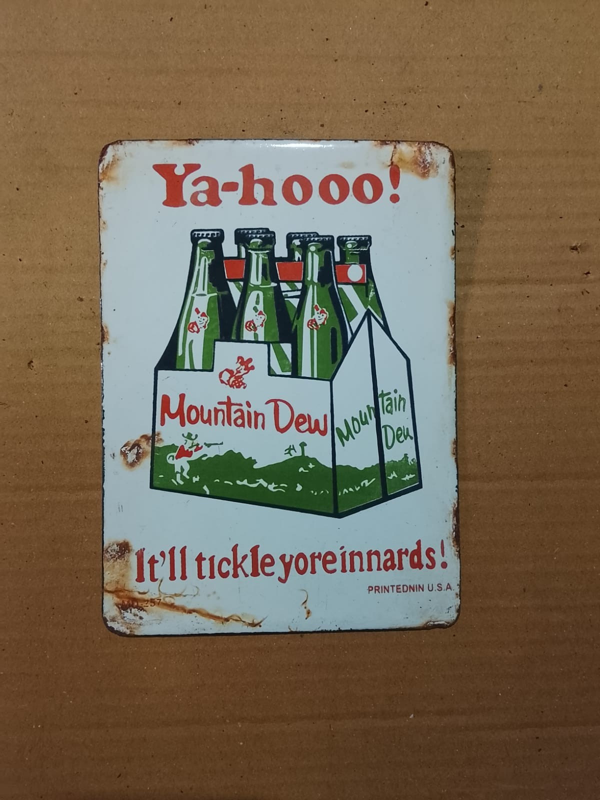 PORCELAIN MONTAIN DEW ENAMEL SIGN 8×5 INCHES