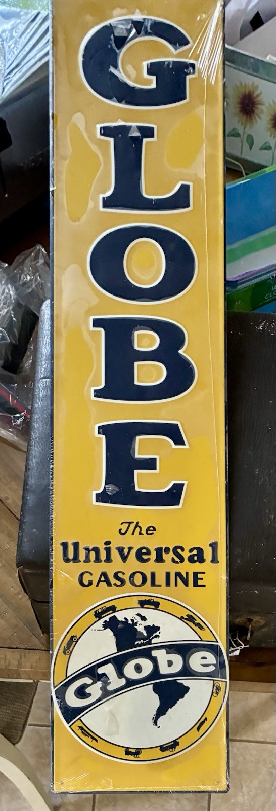 Globe Gasoline Advertising Sign Yellow Blue White Gas & Oil Theme