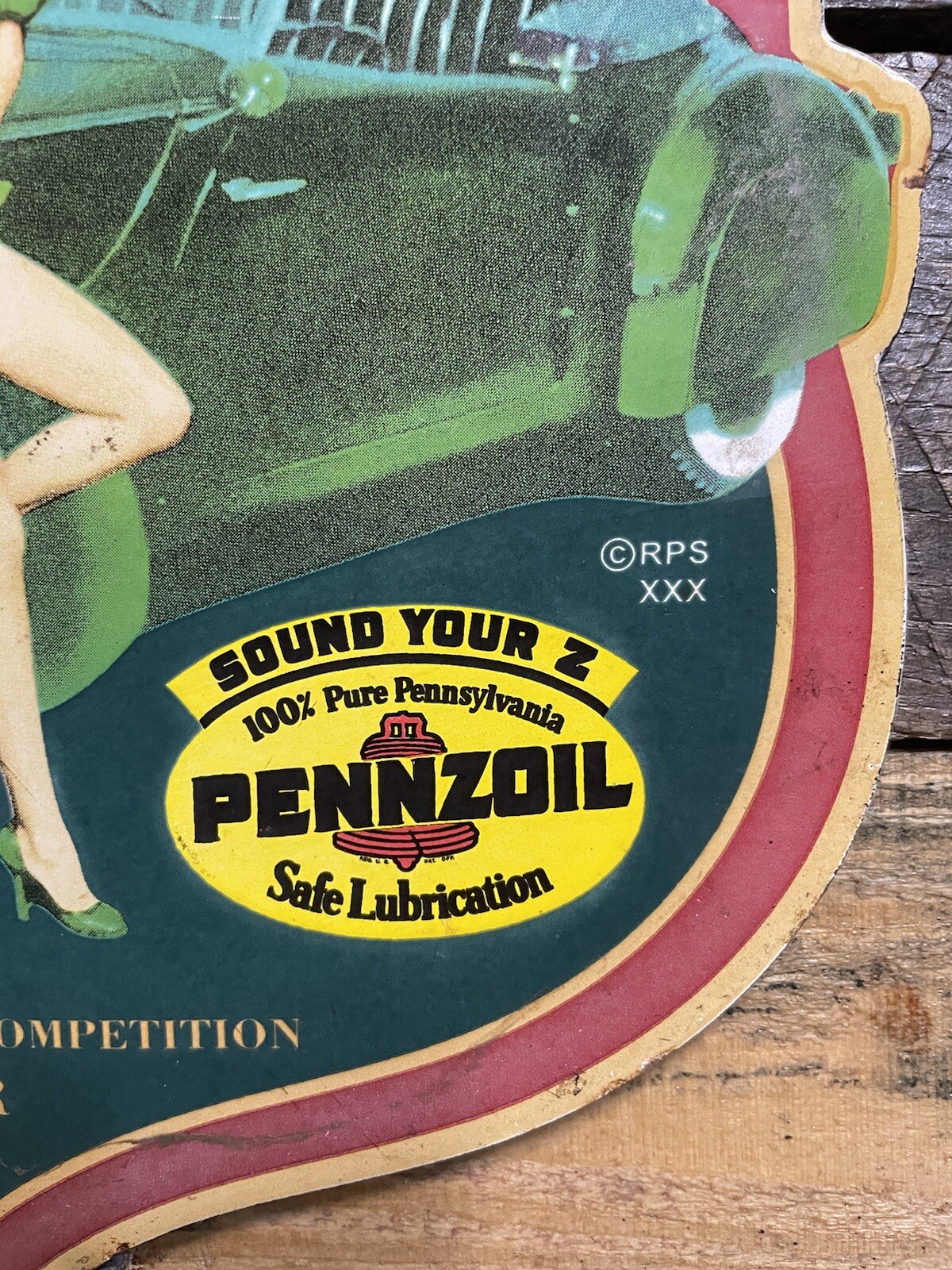 VINTAGE PENNZOIL PORCELAIN SHIELD SIGN VICTORIAS GAS & OIL GARAGE SERVICE WOMAN