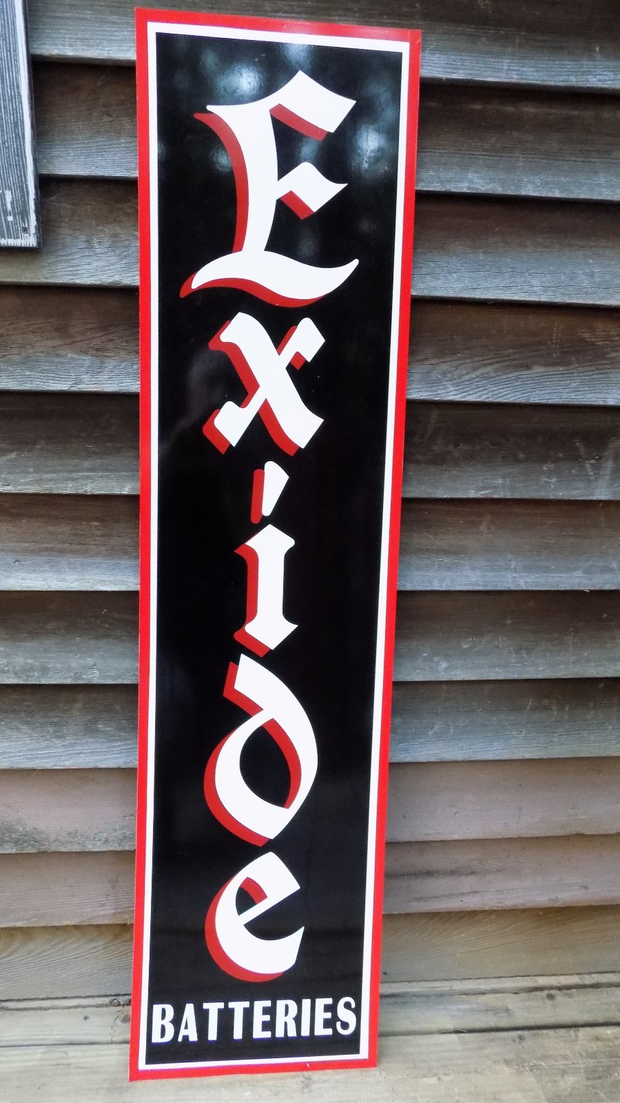 C.1930’S EXIDE BATTERIES 1’X46” 3 COLOR METAL DEALER/SERVICE SIGN-GARAGE ART