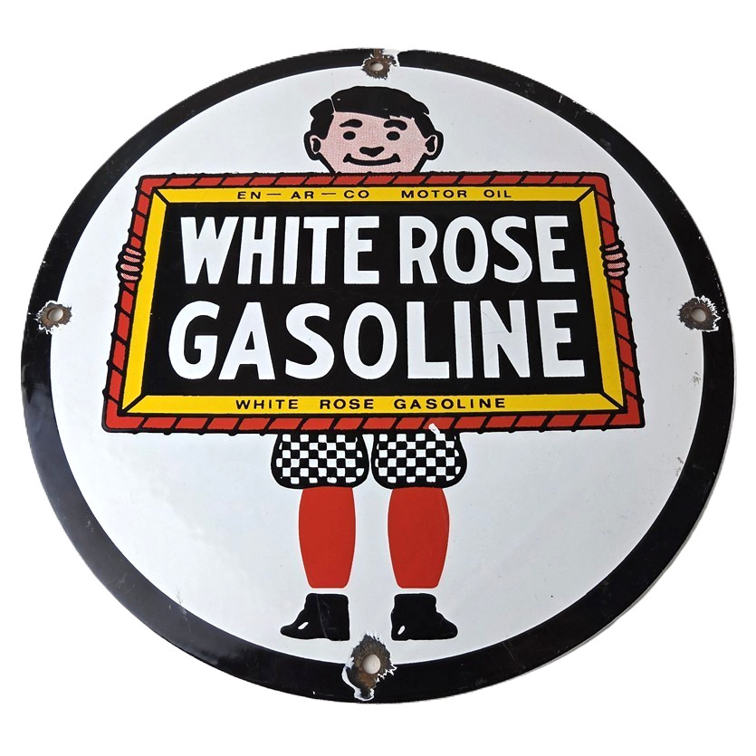 Vintage White Rose Gasoline Sign – En Ar Co Motor Oil Gas Station Pump Sign