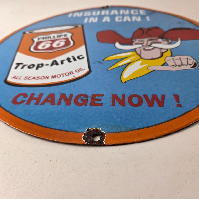 Vintage Phillips 66 Gasoline Sign – Porcelain Cowboy Change Oil Gas Pump Ad Sign