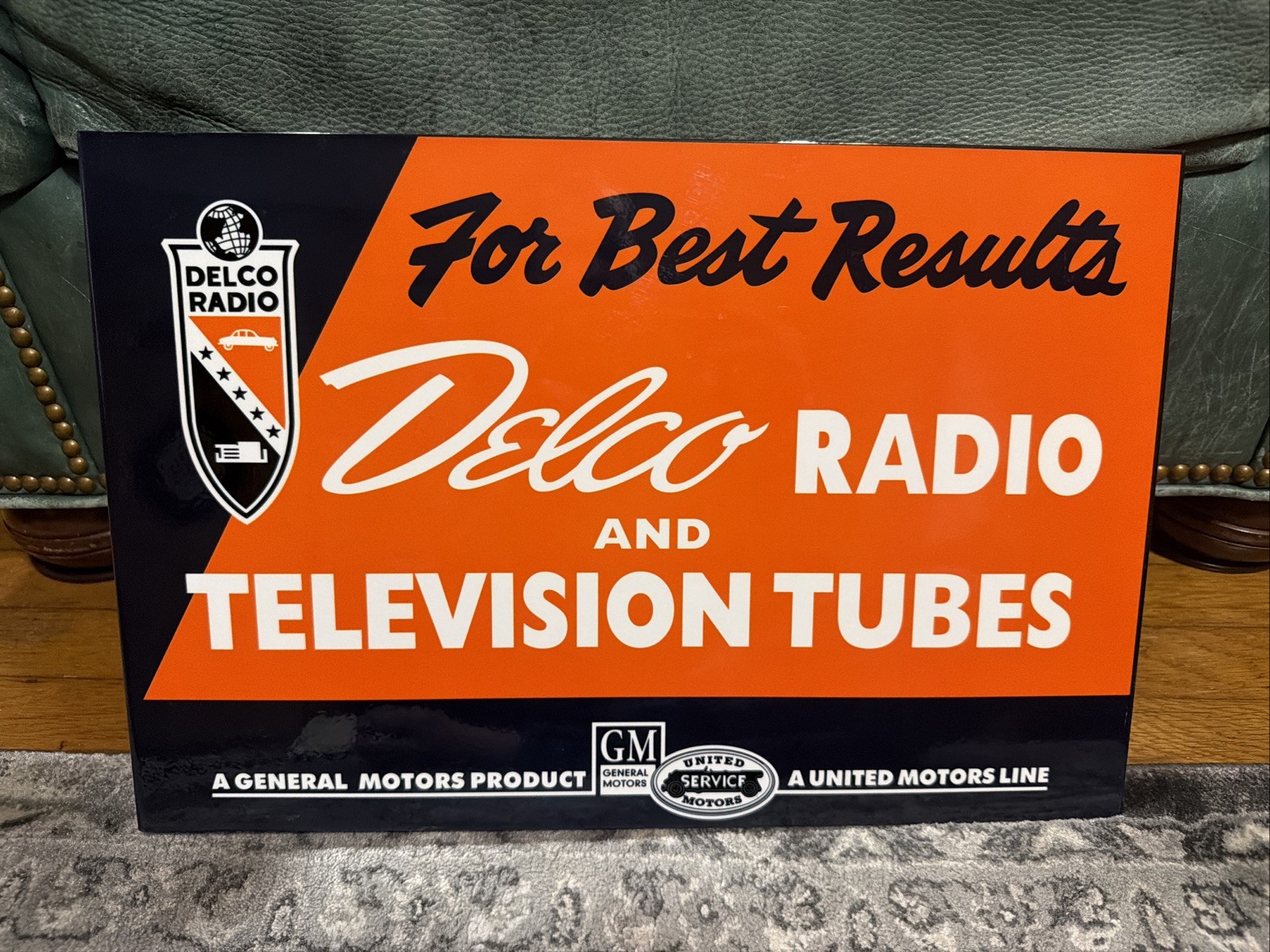 Vintage Style Delco Radio Gm United Service Motors Flange Advertising Sign