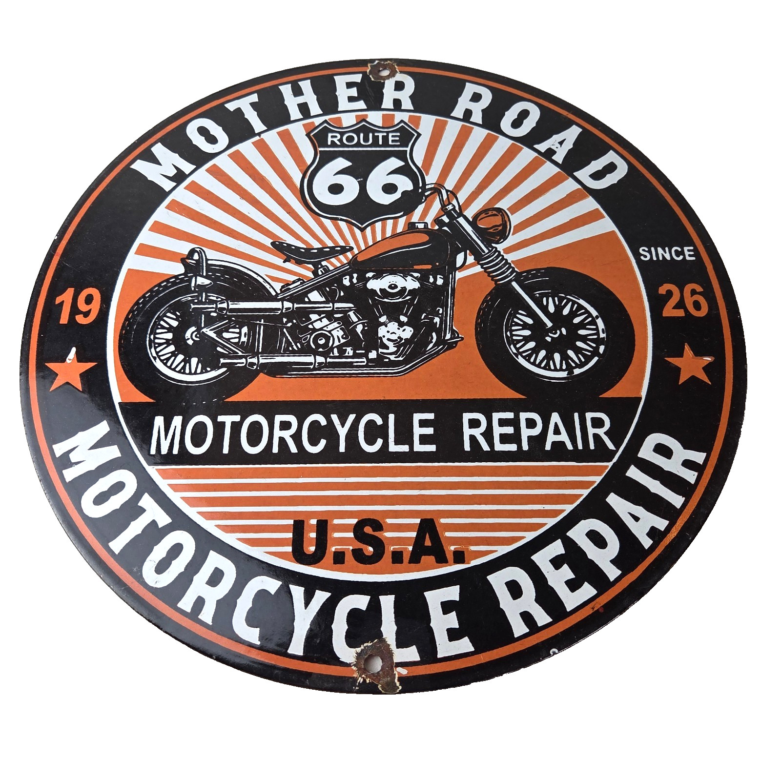 Vintage US Route 66 Sign – Porcelain Motorcycle Repair Gas Pump Sign