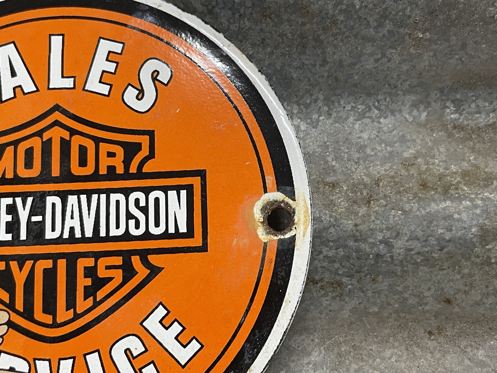 VINTAGE MOTORCYCLE PORCELAIN HARLEY DAVIDSON SIGN SALES GIRL SERVICE GAS PUMP