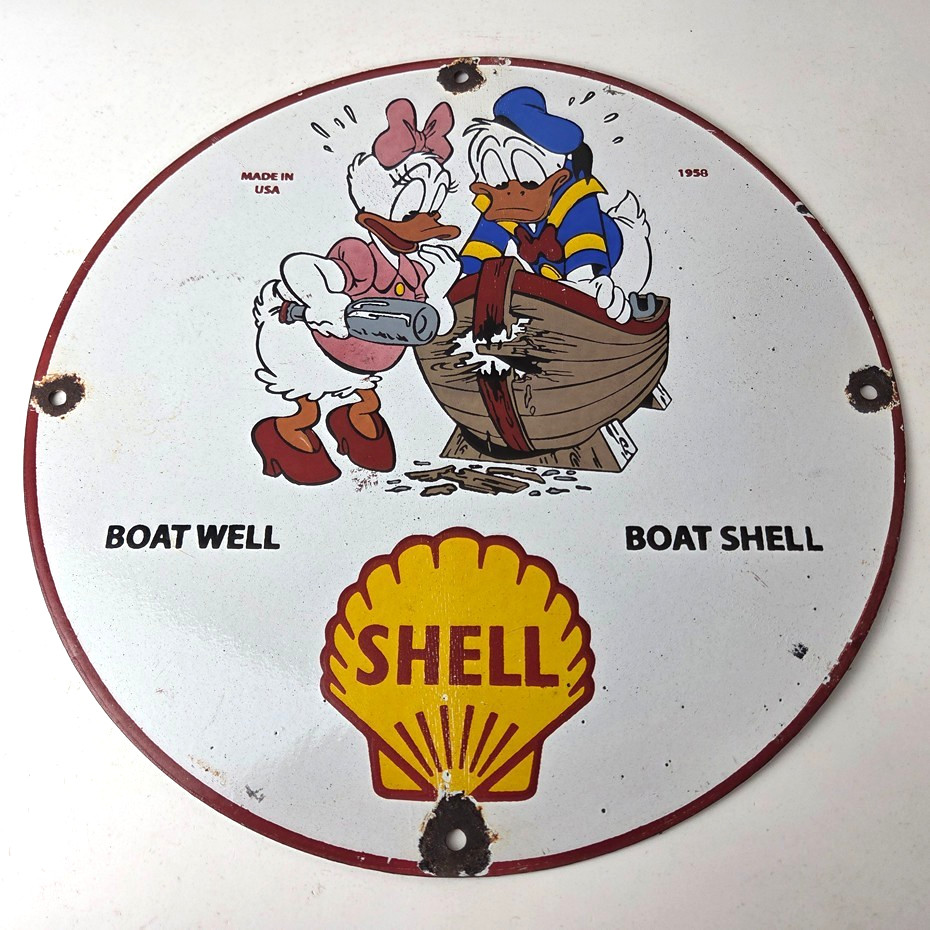 Vintage Boat Shell Gasoline Sign – Walt Disney Old Wooden Boat Gas Oil Pump Sign