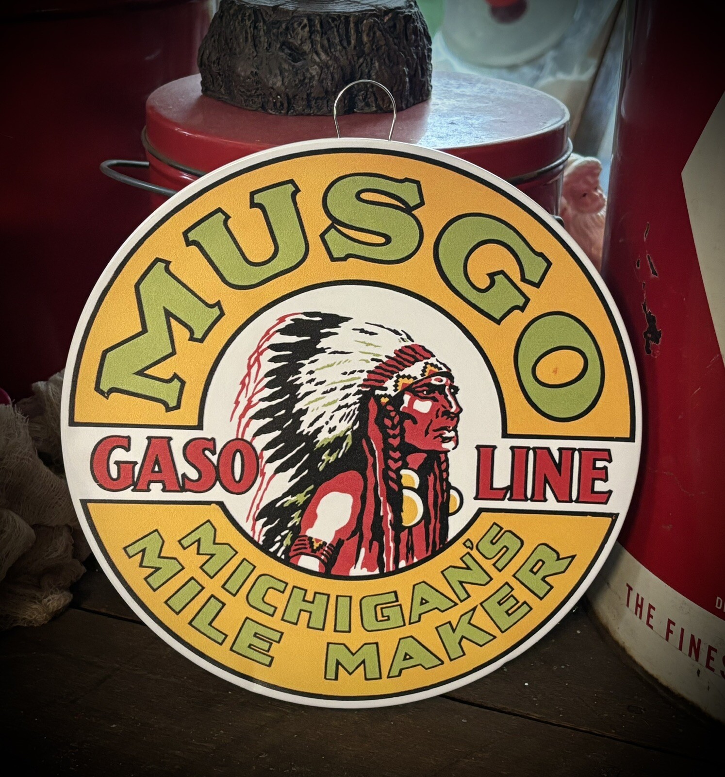 MUSGO GASOLINE Michigan’s Mile Maker 8″ METAL GAS OIL SIGN Mancave Decor