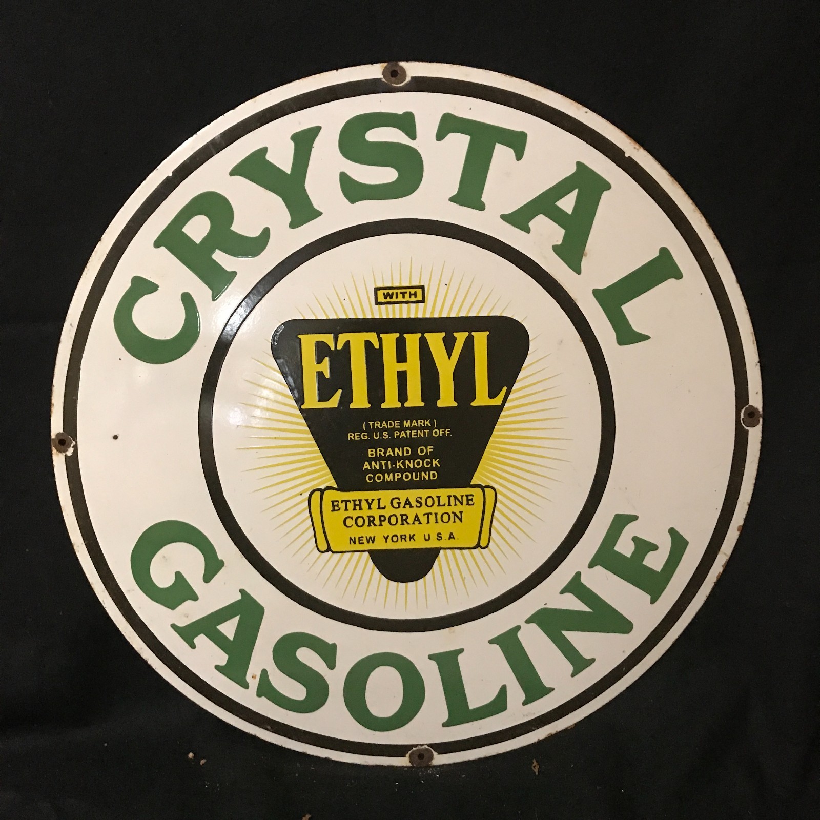 CRYSTAL GASOLINE ADVERTISING PORCELAIN ENAMEL SIGN 30 IN ROUND SS
