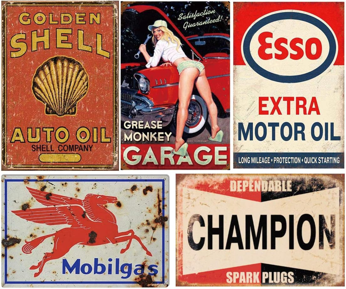 Tin Signs 5 Pieces Reproduction Vintage, Gas Oil Metal Signs, Home Kitchen Man C
