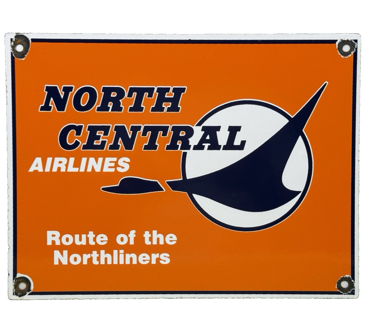 VINTAGE NORTH CENTRAL AIRLINES PORCELAIN SIGN ROUTE AVIATION GAS OIL HANGAR