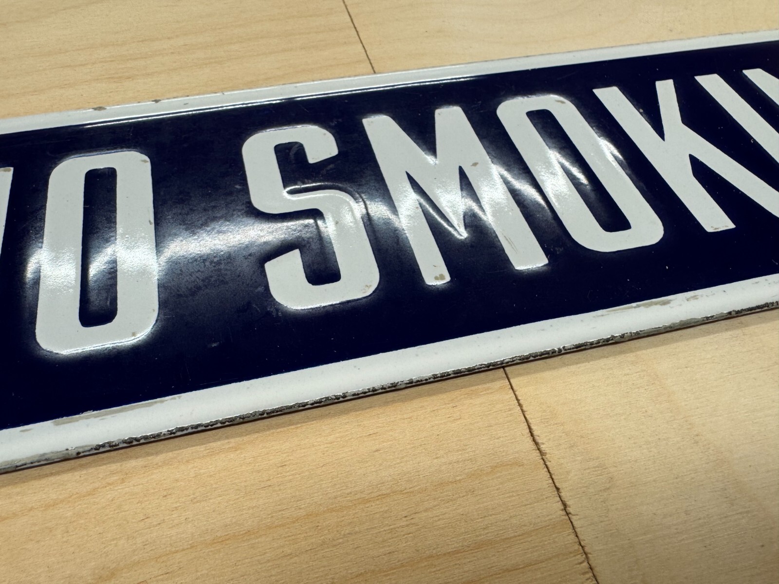 VINTAGE AUTHENTIC “NO SMOKING” PORCELAIN SIGN AT 12″ X 3-1/2″~ THICK SHELVING!