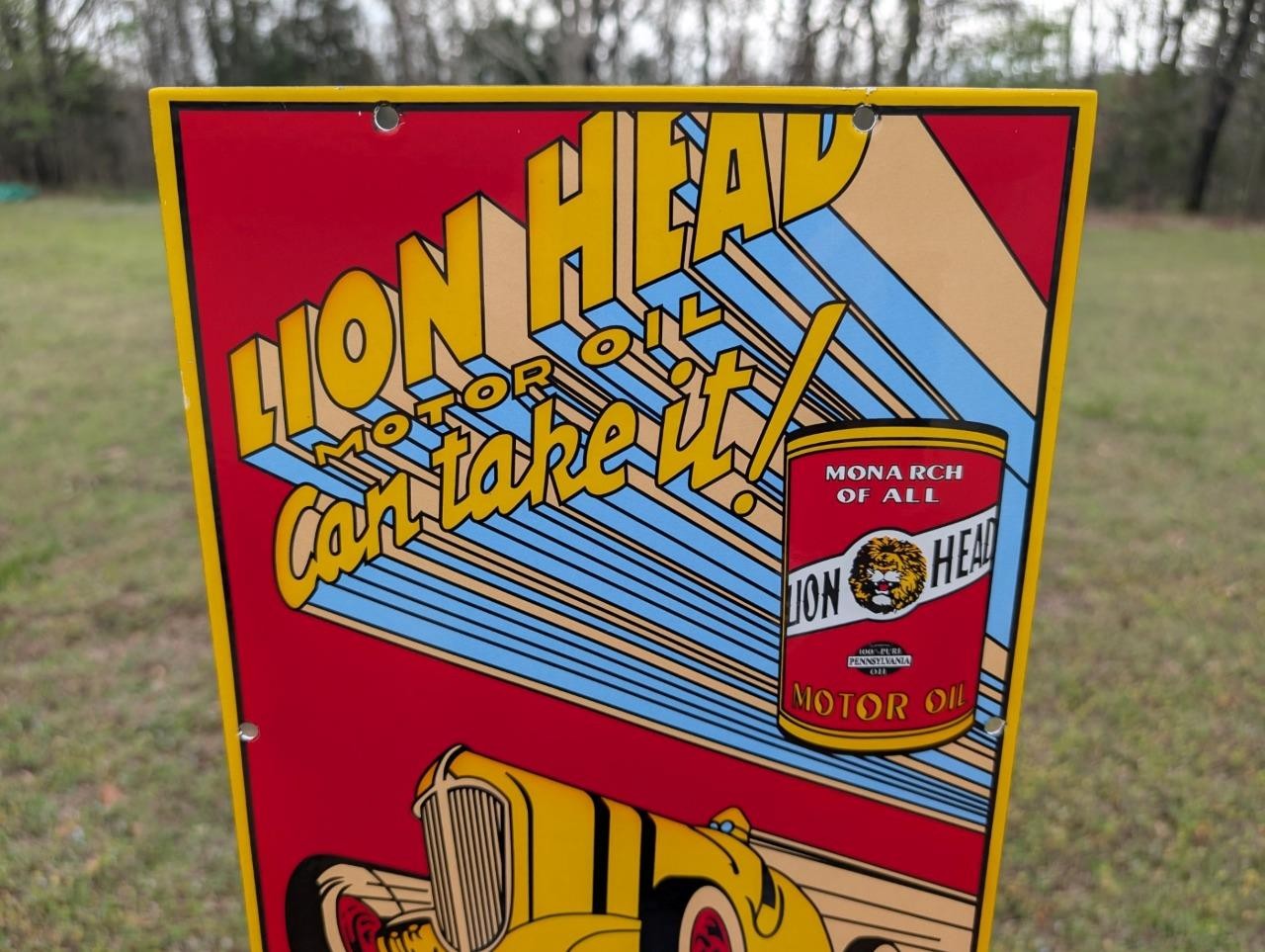 HEAVY PORCELAIN GILMORE LION HEAD MOTOR OIL SIGN GAS STATION PUMP PLATE MONARCH
