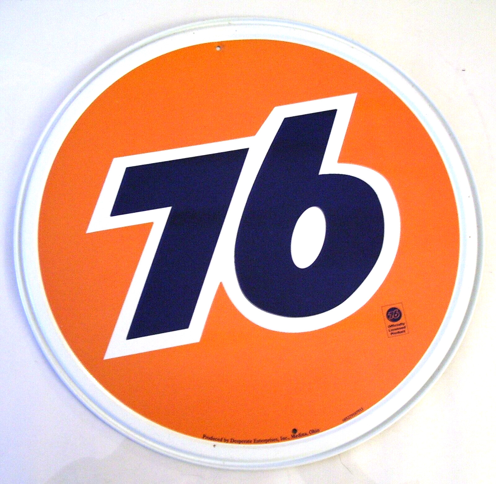 VINTAGE STYLE “76” GASOLINE / “76” LOGO / METAL TIN SIGN / 12″ DIA.