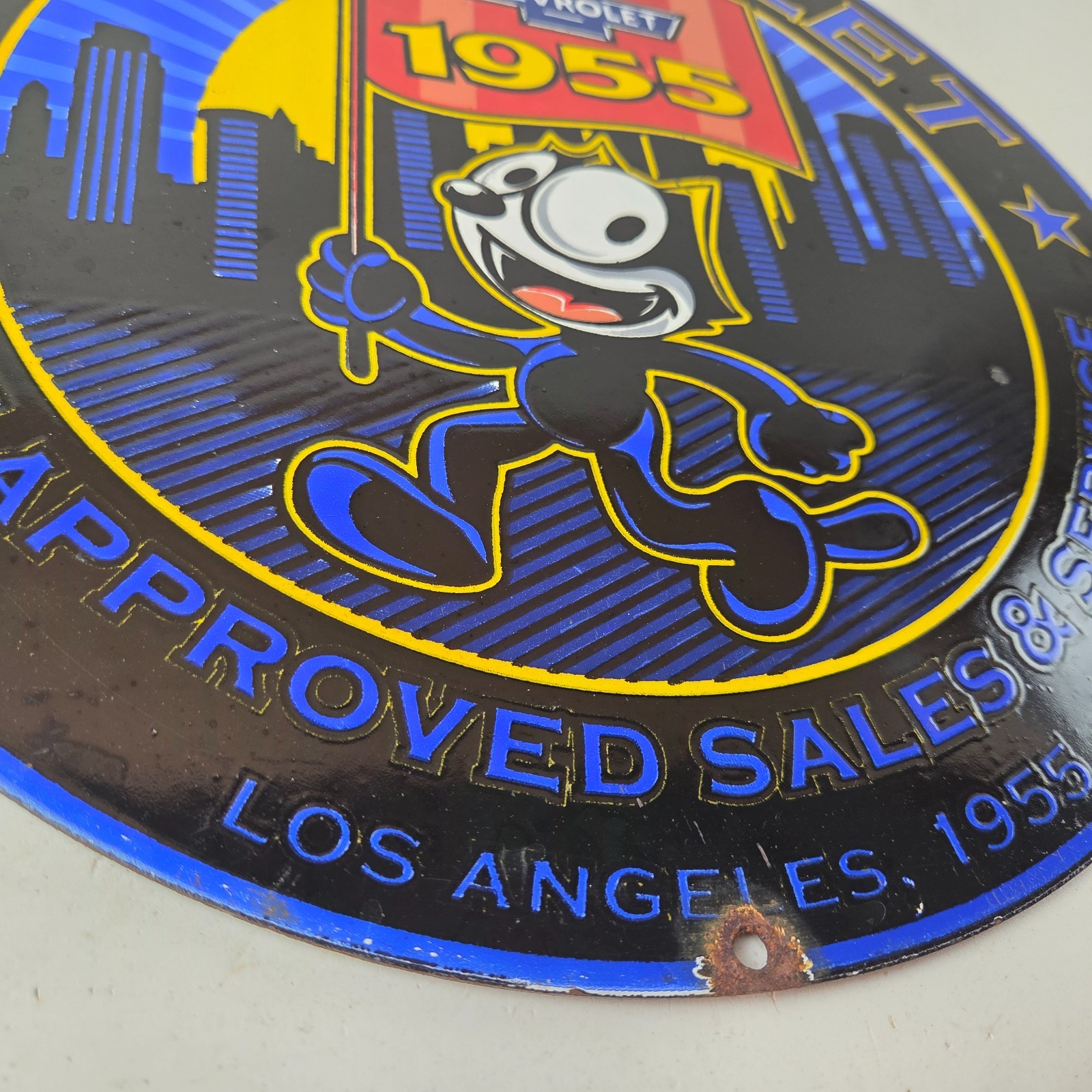 Vintage Chevrolet Porcelain Sign – Service Gas Pump Chevy Felix The Cat Sign