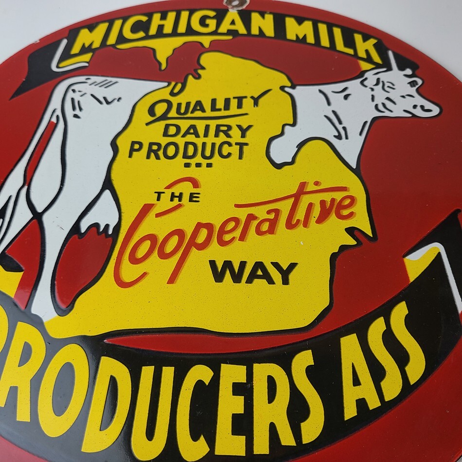 Vintage Michigan Milk Sign – Dairy Cow Porcelain Diner Gas Pump Sign