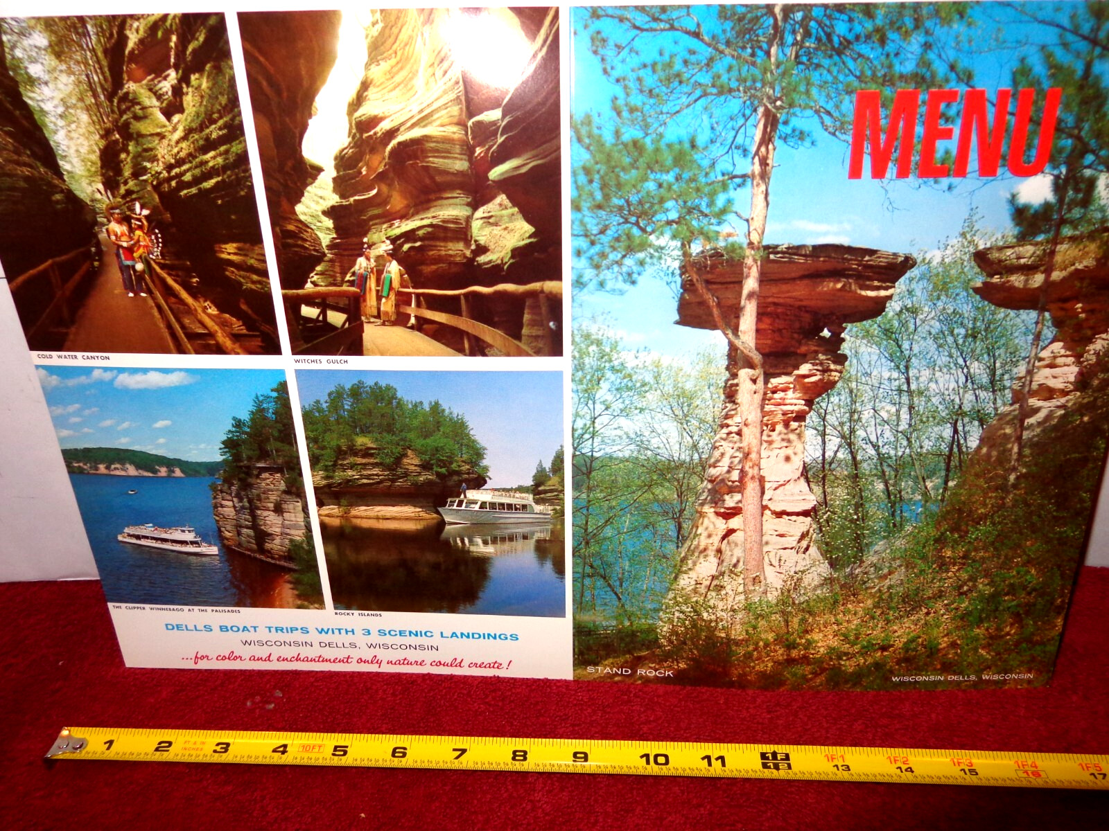 17×11 in WISCONSIN DELLS MENU – STAND ROCK -WITCHES GULCH -BOAT RIDE +++ – L188W