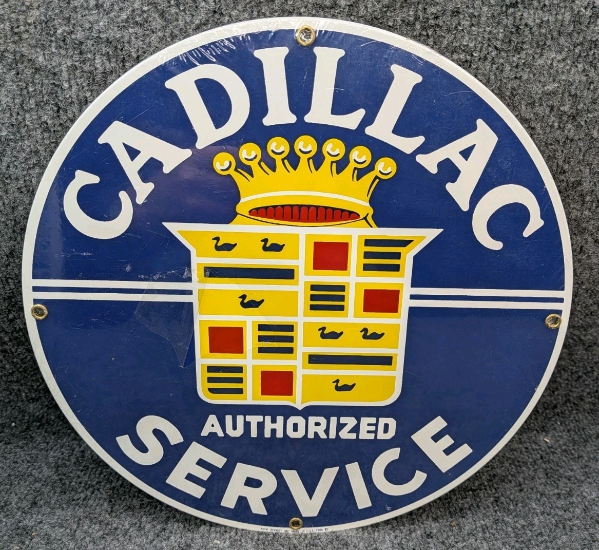 Vintage Cadillac Authorized Service Porcelain Enamel Steel Sign By Ande Rooney